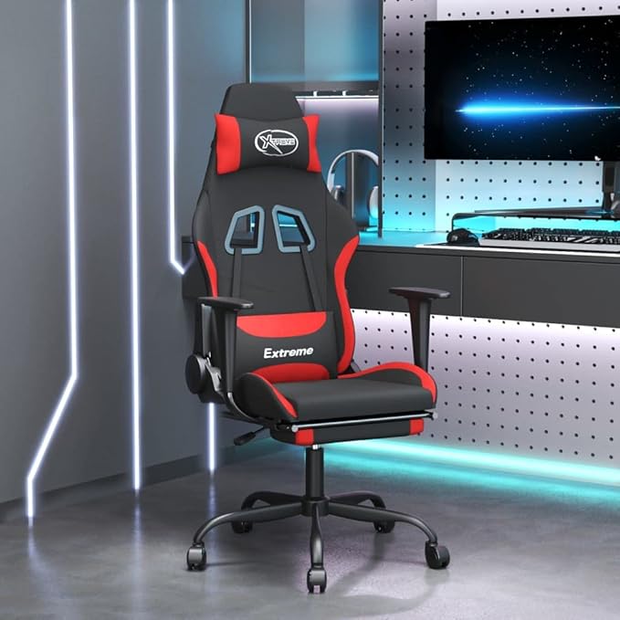 Gaming Office Chair PC Chair with Footrest FabricHeight Adjustable Game Chair with 368°-Swivel Seat and Headrest and for Office or Gaming(Black&ampRed)