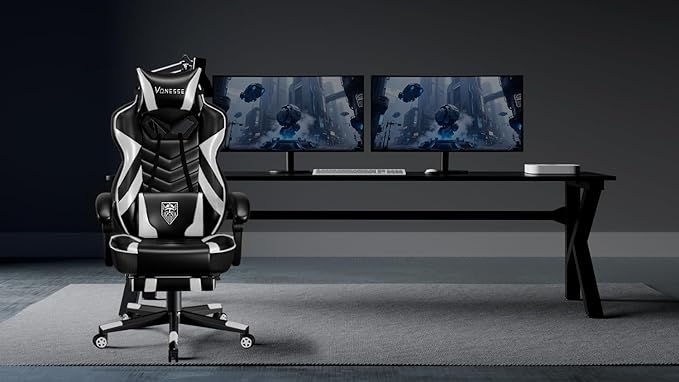 Vonesse Gaming Chair Big and Tall Gaming Chair with Footrest and Massage Gaming Chairs for Adults with Lumbar Support Ergonomic High Back Computer Chair with Pocket Spring Cushion (White/Black)