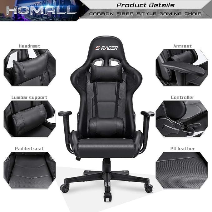 Homall Gaming Chair Office Chair High Back Computer Chair Leather Desk Chair Racing Executive Ergonomic Adjustable Swivel Task Chair with Headrest and Lumbar Support (Dark Black)
