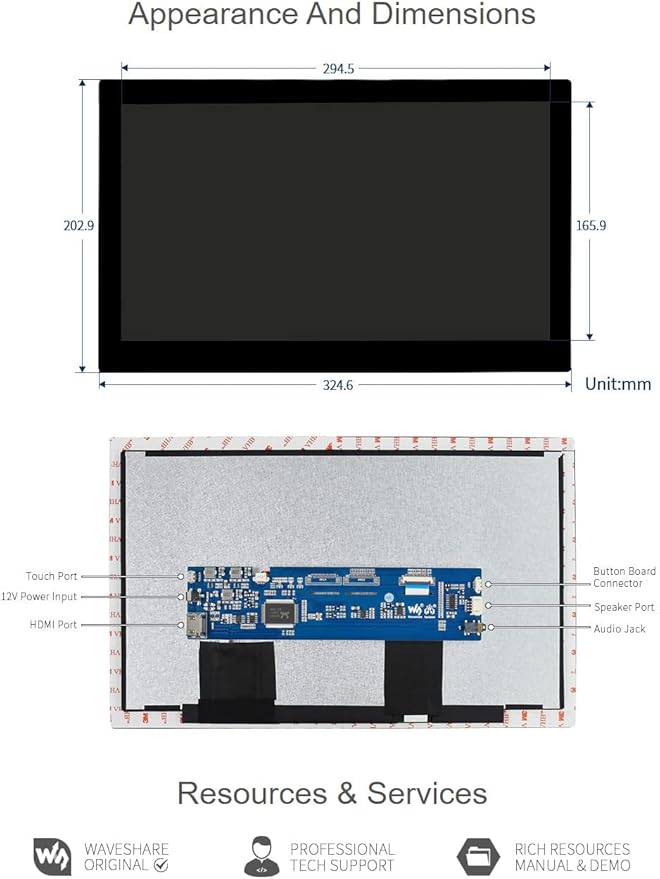 waveshare 13.3inch Capacitive Touch Screen LCD Compatible with Raspberry Pi 4B/3B+/3A+/2B/B+/A+/Zero/Zero W/WH/Zero 2W CM3+/4 1920×1080 Resolution HDMI IPS Supports Jetson Nano/Windows