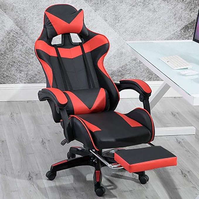 LJJ Gaming Chair with Footrest Game Seat Internet Cafe Competitive Office Computer Chair Home Recliner Adjustable Chair Headrest and Lumbar Support E-Sports Swivel ChairRed
