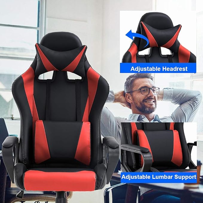 Gaming Chair with Lumbar Support High-Back Office Chair for Adults with Ergonomic Computer Racing Chair PU Desk Task Chair with Support Flip Up Arms Headrest Red