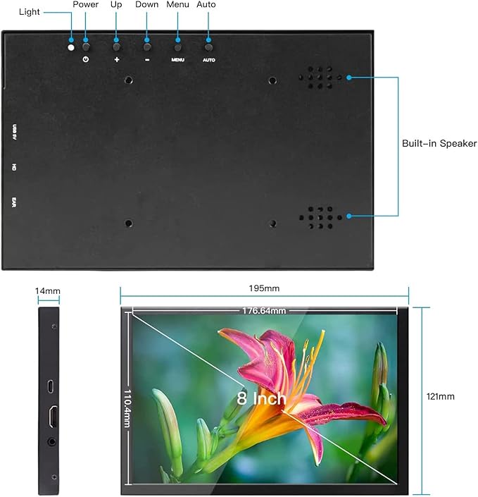 ELECROW 8 Inch Portable Monitor 1280x800 Mini HD Display with Built-in Speakers USB Powered Non-Touch LCD Screen for Raspberry Pi PC Laptop Jetson Nano Game Consoles