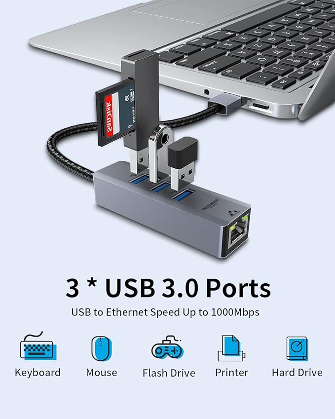 USB to Ethernet Adapter USB Ethernet Adapter for Laptop RJ45 Hub with 3*USB 3.0 Gigabit 10/100/1000 Mbps Support Windows Mac OS Surface Pro Linux XPS Smart TV and More (2Pcs)