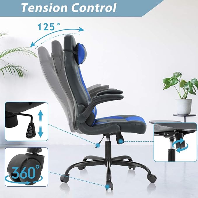 Gaming Chair High Back Office Chair Ergonomic Desk Chair PC Racing Chair with Headrest Lumbar Support &amp Flip-up Arms PU Leather Computer Chair Adjustable Height Swivel Executive ChairBlue