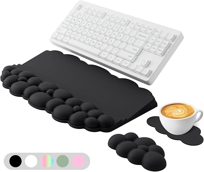 Ergonomic Wrist Rest for Keyboard and Mouse Soft Memory Foam Cloud Keyboard Stand Pad with Wrist Rest Set with Non-Slip Silicone Base Easy Typing Pain Relief Comfort for Office Work Gaming Black