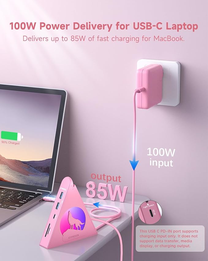 Pink USB-C Hub Bundle – Wolf 8-in-1 USB C Hub with 4K@30Hz HDMI PD100w 5Gbps USB-C 3 USB-A 3.0 SD/TF Card Reader Flying V Type C to 4 USB 3.0 Ports Hub for MacBook iMac iPad