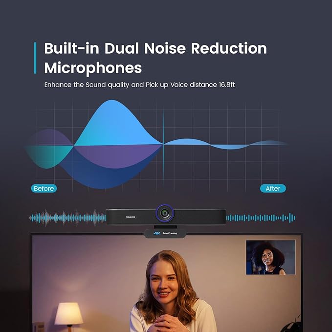 TONGVEO 3-in-1 4K Webcam with Microphones and Speaker AI Auto-Tracking 5X Digital Zoom Webcam 4K Adjustable Field of View Remote Control Works with Microsoft Teams Zoom Google Meet PC Mac Laptop