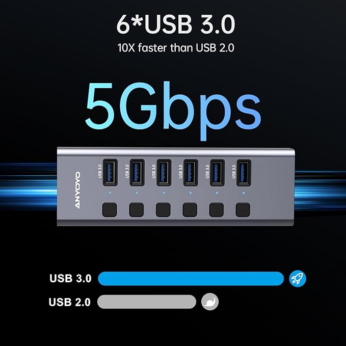 Powered USB Hub with TF/SD Card Reader 8-Port USB 3.0 Hub with 6 USB 3.0 Data Ports USB Spilter with Individual On/Off SwitchesAluminum USB Hub with AC Adapter for PC Desktop MacBook