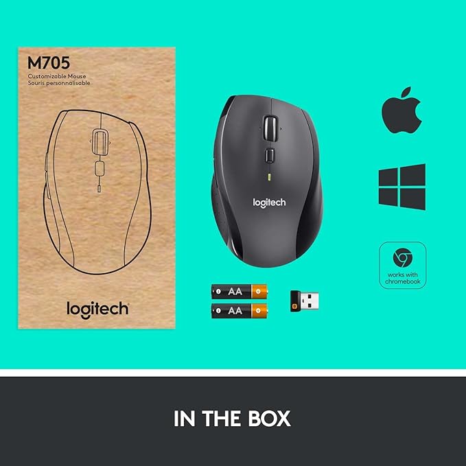 Logitech M705 Marathon Wireless Mouse Gaming Mouse Wireless 2.4 GHz USB-A Receiver 5-Programmable Buttons 3-Year Battery PC Mac Laptop Chromebook - Black