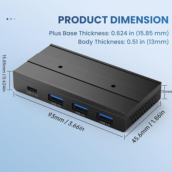 EJAY 4-Port Magnetic USB Hub 3 USB 3.0 + 1 Type C Port 5Gbps Data Transfer Includes Sliding Rail Screws and Sticky Pads Compatible with MacBook Laptop PC Black