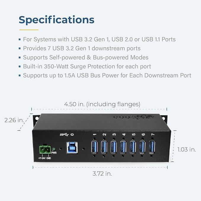 Coolgear Industrial 7-Port USB 3.2 Hub with Screw-Locking Ports 5Gbps Speeds and Surge Protection