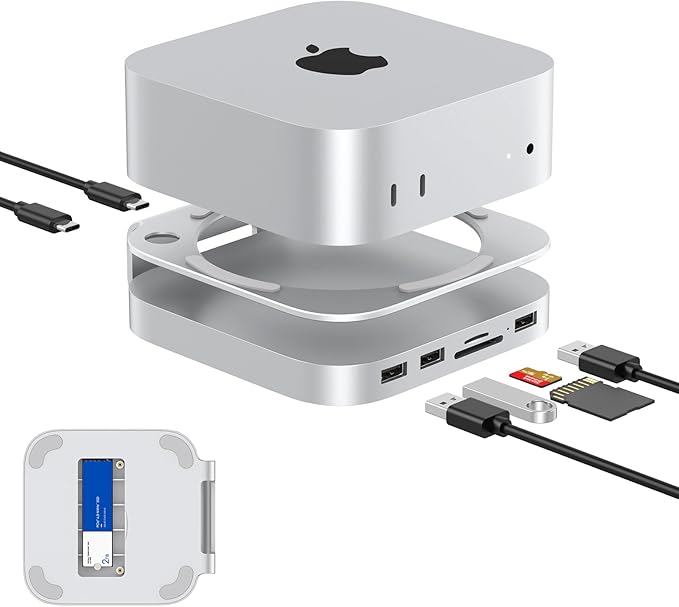 Mac mini M4 Dock Aluminum Mac mini Stand and Hub for Mac mini M4 and M4 Pro 2024 with M.2 NVMe SSD Enclosure 2X USB-A 10Gbps SD/TF Card Readers USB 2.0 Data (Silver)│Accessories