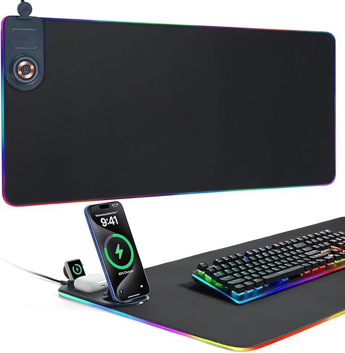 ELUTENG Mouse Pad with Phone Holder 4in1 Wireless Charging Desk Mat RGB Ultra-Smooth Gaming Mousepad Waterproof Home Office Large Desk Pad 31.5x11.81 Large Desk Pad Non-Slip Base Keyboard Pad