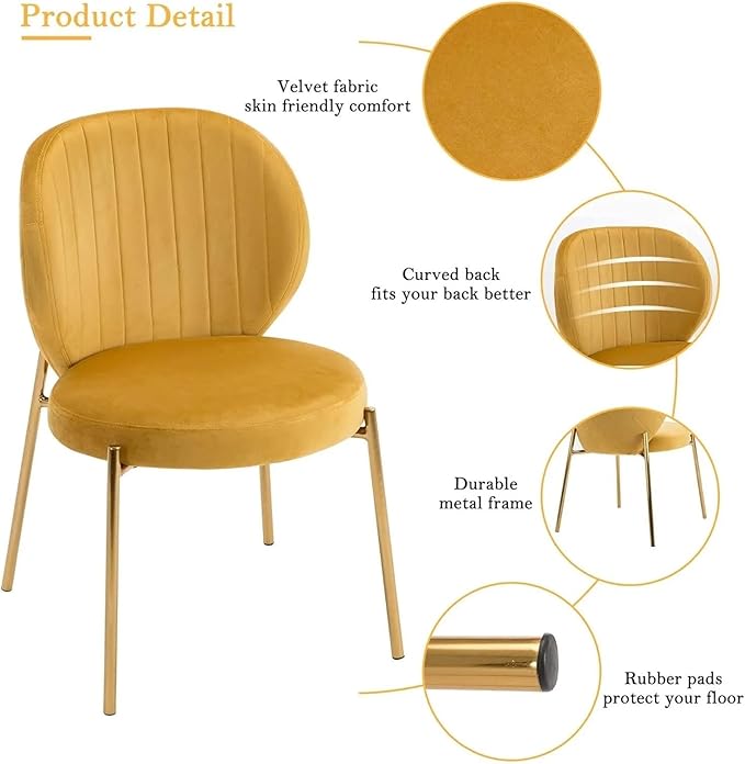 Adjustable Office Computer Chair with Armrest 1pcs Modern Style Velvet Yellow Upholstered Dining Room Chairs with Golden Metal Leg
