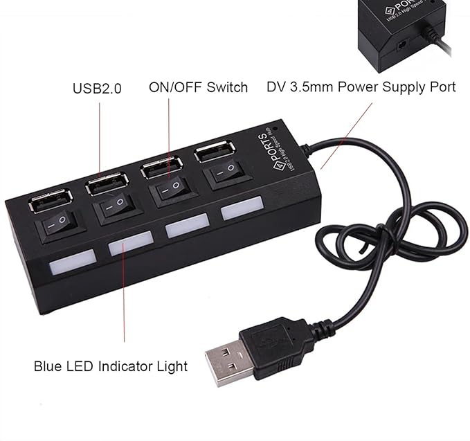 4/7 Ports USB 2.0 Hub Power Adapter Splitter Switch Docking Station LDE Light for PC Computer Laptop Notebook(4 Ports)