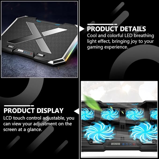 Mikikit Cooling Base USB Fans Laptop Stands PC Fan Laptop Ventilated Support LED Cooling Pad PC Cooler Quiet Laptop Cooler Laptop Fan Cooler Laptop Air Cooler LED Alloy Black Q8 USB