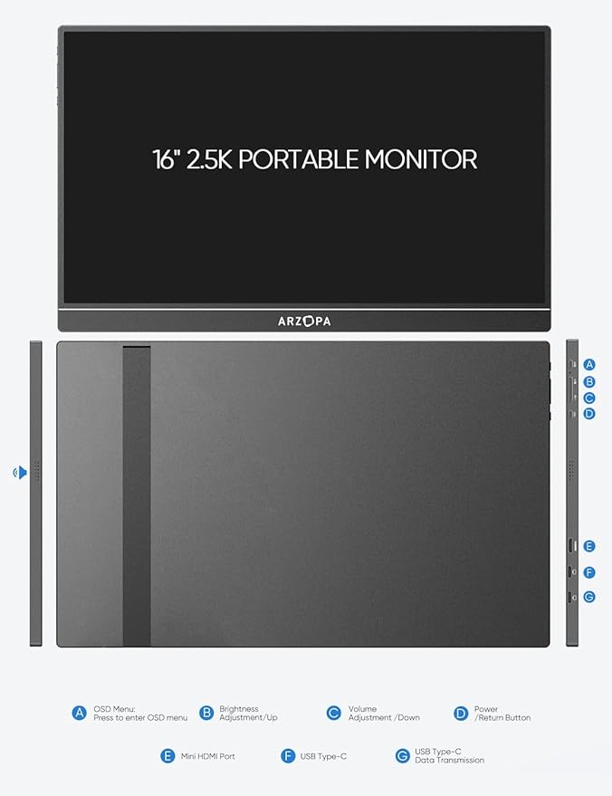ARZOPA 16 2.5K Portable Monitor 2560x1600 QHD 123% sRGB IPS Display and 16.1 Portable Monitor Sleeve Case Bundle