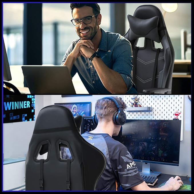 Ergonomic Gaming Chair for Adults Adjustable High-Back Computer Desk Chair with Lumbar Support and Footrest Leather Office Chair for Gaming Big and Tall Comfy Gamer Chair(Grey)