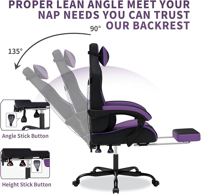 Gaming Chair with MassageErgonomic PC Gaming Chair with Footrest Comfortable Headrest and Lumbar SupportHigh Back Game Chair PVC Leather300LBS (BlackPurple)