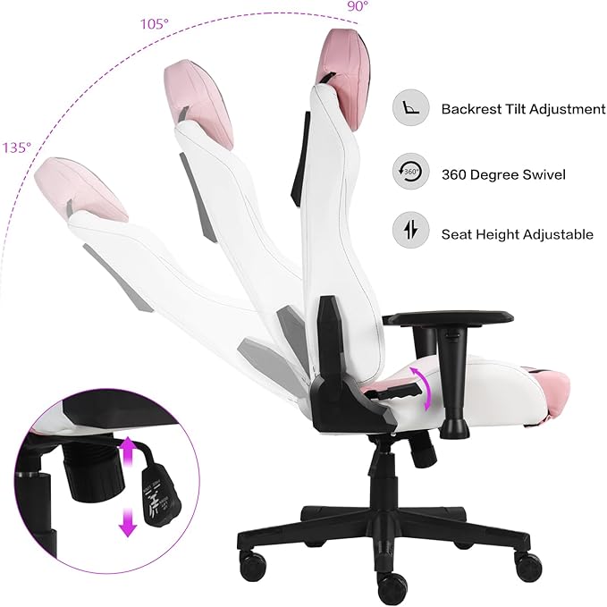 Modern-Depo Ergonomic Gaming Chairs for Adults with High-Density Memory Foam | Swivel Comfortable Office Chair Big and Tall Video Game Chair High Back Computer Chair for Home Office Pink White