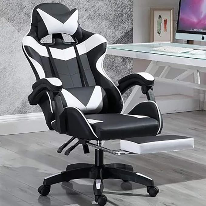 Gaming Chair with Footrest Game Seat Internet Cafe Competitive Office Computer Chair Home Recliner Adjustable Chair Headrest and Lumbar Support E-Sports Swivel ChairWhite