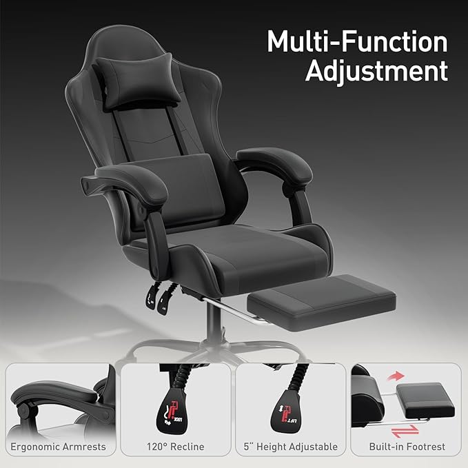 MoNiBloom Gaming Chair with Footrest High Back Video Game Chair with Headrest &amp Lumbar Support Height Adjustable Leather Swivel Computer Chair for Adult Teen Office or Gaming Black