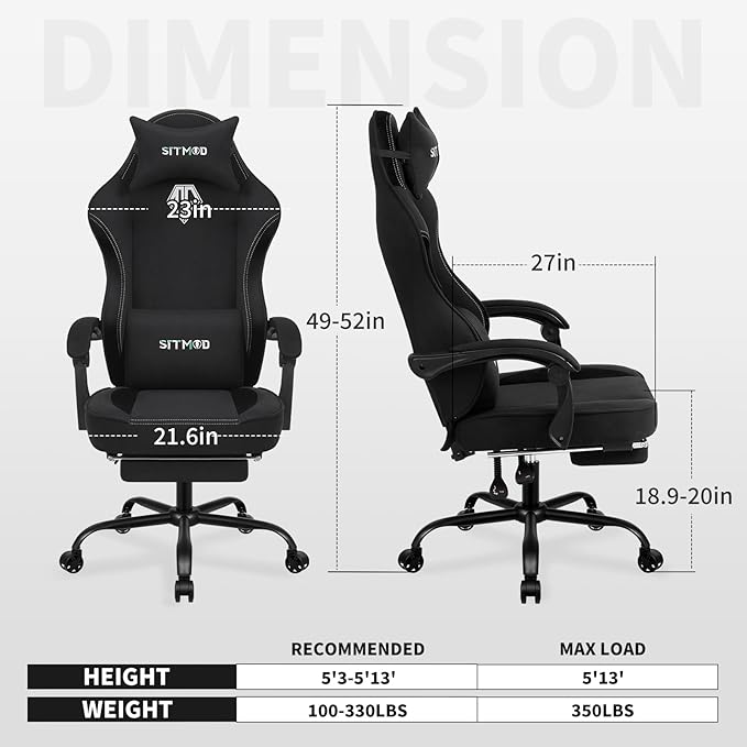 Gaming Chair Fabric with Pocket Spring CushionErgonomic Computer Office Chair Cloth with Footrest and HeadrestHigh Back Game Chair with Lumbar SupportAdjustable Backrest for AdultsBlack