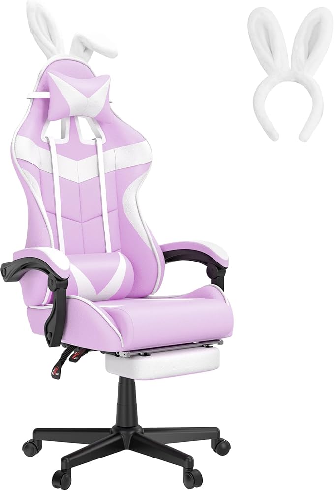 Huracan Gaming Computer Chair with Footrest Adjustable Video Game Chairs for Adults Heavy Duty Office Chair with Headrest and Lumbar Support Light Purple