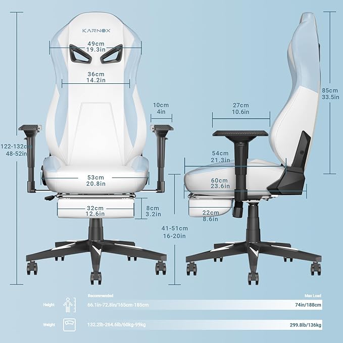 KORNOX Ergonomic Gaming Chair PU Leather with Footrest for AdultsOffice Chair High BackGaming Chair Racing Height Adjustable for TeensGame Chair with Headrest and Lumbar Support for GirlWhite