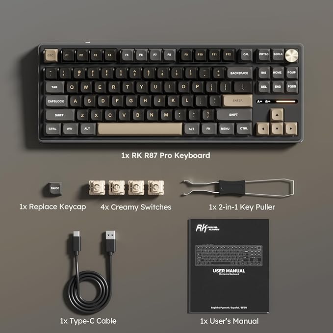 RK ROYAL KLUDGE R87 Pro Wired Mechanical Keyboard with Hot Swappable Knob 75% Creamy Gaming Keyboard 88 Keys TKL Gasket Mounted RGB Backlit with QMK/VIA MDA Profile Linear Creamy Switch Black