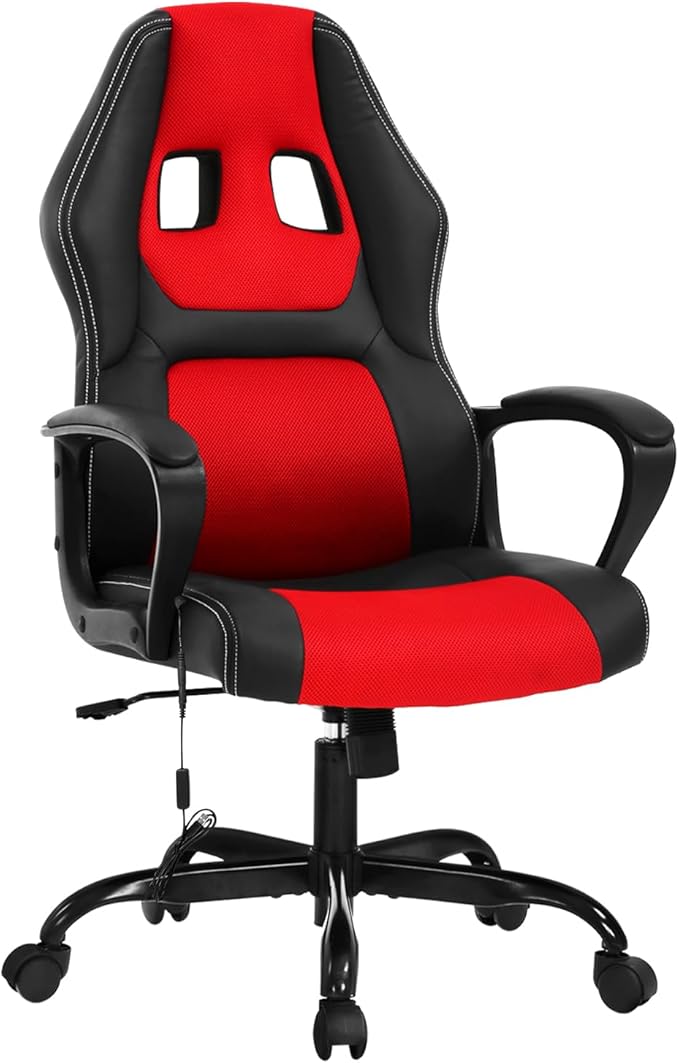 High-Back Racing Gaming Chair with Massage Lumbar Support - Ergonomic Adjustable Swivel - Black PU Leather - Perfect for Home Office or Gaming (Red)
