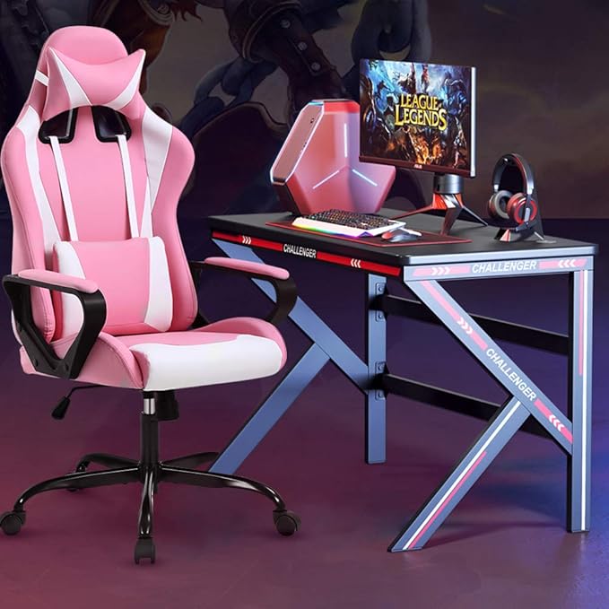 Gaming Chair 188 P Modern Pink Ergonomic High Back PC Computer Gaming Chair with Lumbar Support Adjustable Height 360 Swivel Executive Style PU Leather 300 lb Capacity