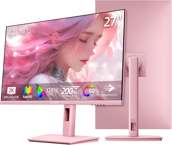 27 Inch Pastel Pink Gaming Monitor QHD 2560x1440 180/200Hz 1ms GTG Fast IPS Computer Monitor 90% DCI-P3 Adaptive Sync Built in Speaker Height/Swivel/Tilt/Pivot Adjustable Stand HDMIDP