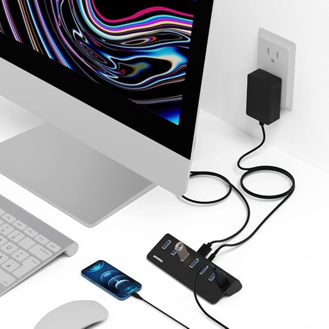 Achoro 7 Ports Powered USB HUB – 2nd Generation 10GB Super Speed External USB Port – USB 3.2 Aluminium USB Hub for Computer Mac PCs Smartphone &amp Tablets – Computer Multiple USB Hub (Powered Bla