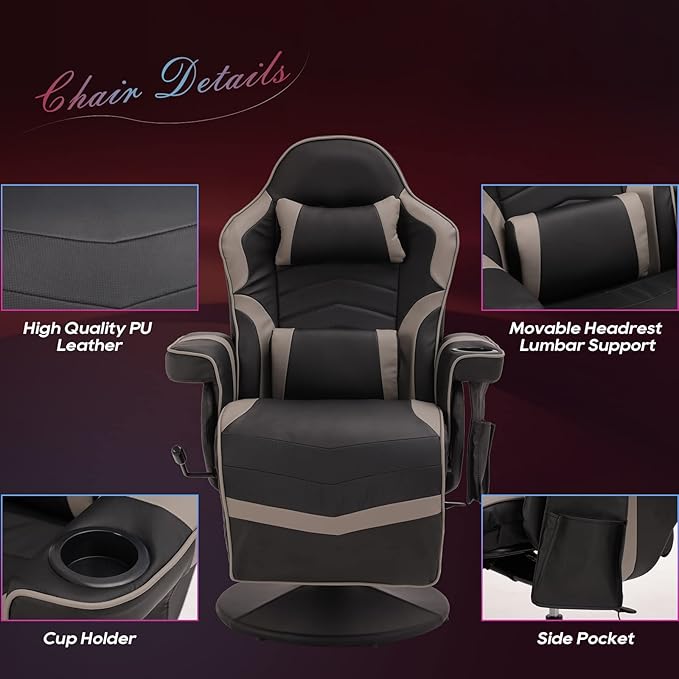 Gaming Chairs for Adults Gaming Chair with Footrest Massage Gaming Chair w/Adjustable Height and Backrest Swivel Video Game Chair with Lumbar Support Side Pouch (Black&amp Grey)
