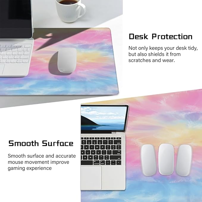 Large Tie Dye Beautiful Rainbow Mouse Mat Computer Mousepad with Non-Slip Rubber Base Waterproof Mouse Pad Desktop Keyboard Pad for GamerHome School Laptop Office Accessories16x35.5in