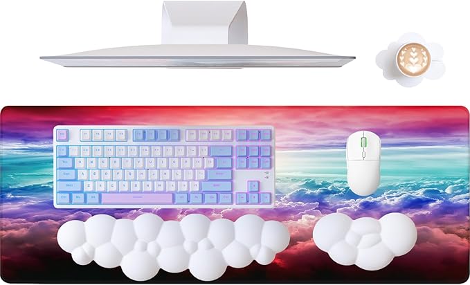 ATTACK SHARK 4 in1 Cloud Mouse PadKeyboard Wrist RestMouse Wrist Rest Supportand Leather Coaster Set with Office Desk MatNon-Slip PU Desk Pad Memory Foam Ergonomic Pain Relief for Office and Home