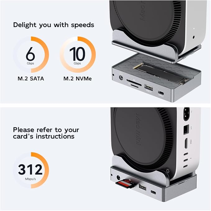 MAIWO Mac mini M4 Dock &amp Stand with M.2 SATA NVMe Enclosure 9-in-1 M4 Pro Hub with 2xUSBA 3.1 1xUSBA 2.0 USB C Data Port Up to 10Gbps 1 Gigabit Ethernet Port MIC Audio HD 4K Port SD/TF Slot