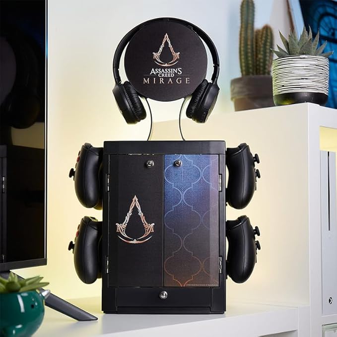 Numskull Official Assassins Creed Gaming Accessory Locker &amp Storage Stand – Holds 10 Games/DVDs 4 Controllers Headset &amp Accessories – Durable Compact Organizer – Official Assassins Creed Mer
