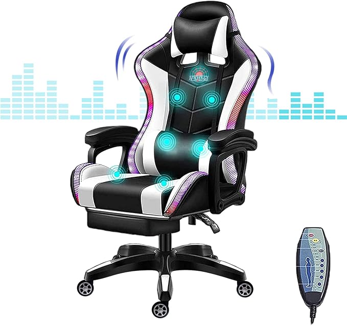 XOOFMASS Gaming Chair with Speakers Ergonomic Massage Gaming Chair with Massage Function Video Game Chairs with LED Light Swivel Racing Computer Chair 90°-135° Adjustment of BackrestWhite