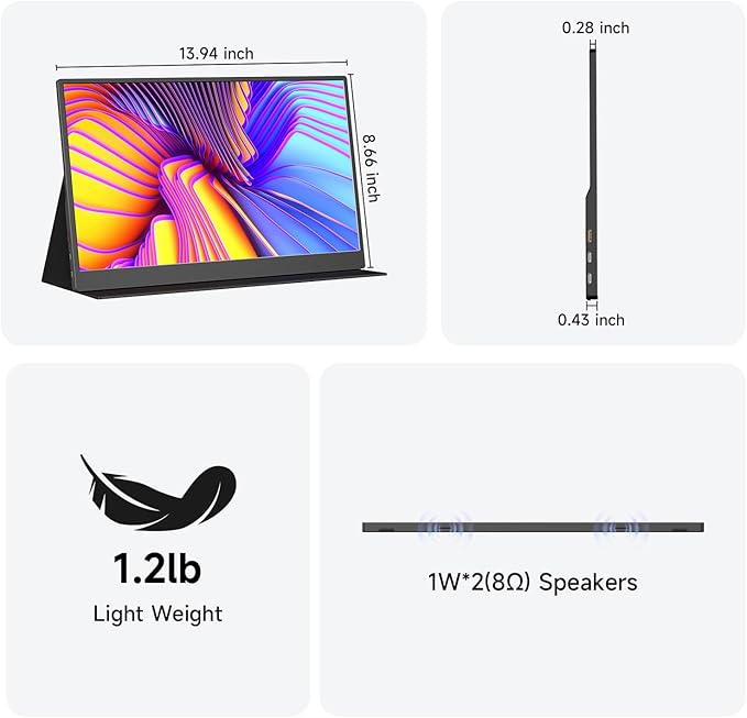 memzuoix 15.6 FHD 1080P Portable Monitor｜Second External｜100% sRGB｜USB-C+HDMI for PS5/Switch｜VESA Mount｜Built-in Speakers | Black