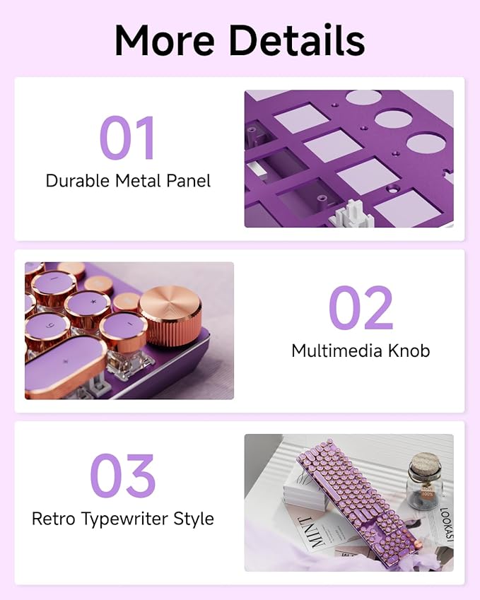 EWEADN Typewriter Style Mechanical Keyboard Wired Typewriter Keyboards104 Keys Backlit LED Metal Keyboards Media Control Knob Wired Computer Keyboard Pink Switch for Windows/Mac/PC-Purple