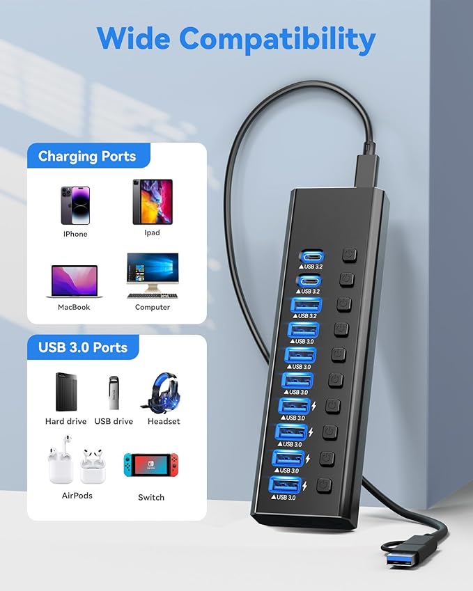 Powered USB Hub 3.210-Port USB 3.2/USB C Hub (10Gbps USB-A 3.2 +2 USB-C 3.2 +7 USB 3.0 Ports) with Individual On/Off Switches and 12V Power Adapter Aluminum USB Hub Powered for Laptop PC
