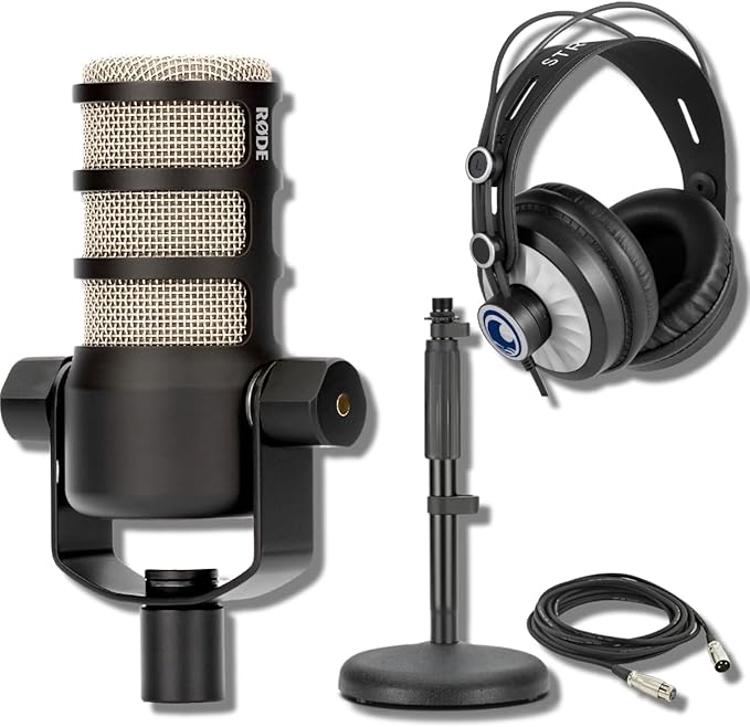 Rode PodMic Dynamic Podcast Microphone with Rode DS1 Desktop Mic Stand Podcast Headphones XLR Cable and StreamEye Polishing Cloth