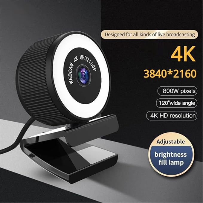 Webcam 4k Web Camera Adjustable Brightness Fill Lamp with Microphone for Computer Video Calling Conference Work