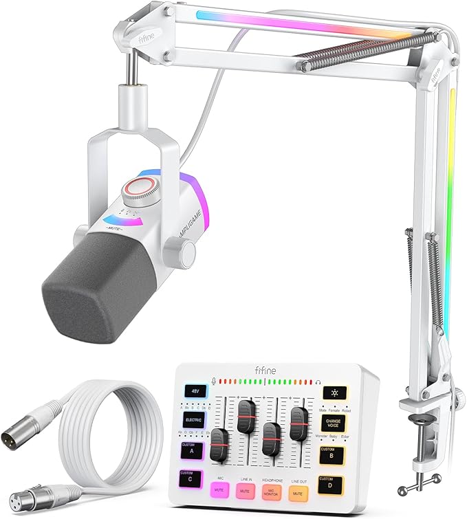 FIFINE Streaming Microphone Kit Dynamic USB/XLR Microphone with RGB Metal Arm Aduio Mixer with Slider Fader 48V Platform Power &amp 10ft XLR Cable for Gaming Podcast Home Studio-SC3W+L9W+AM8PROT