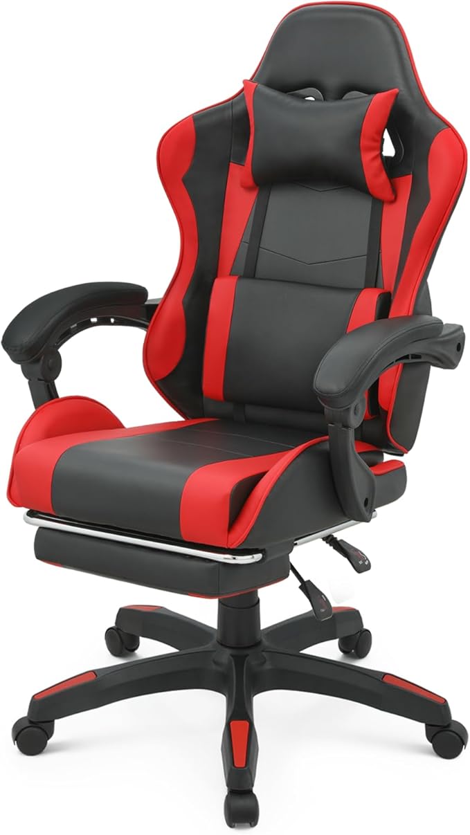 Athena Collection Ergonomic Gaming Chair with Footrest &amp Headrest Lumbar Support Height Adjustable Swivel Office Chair Reclining Game Chair Leather High Back Computer Chair for Adults Kids Red