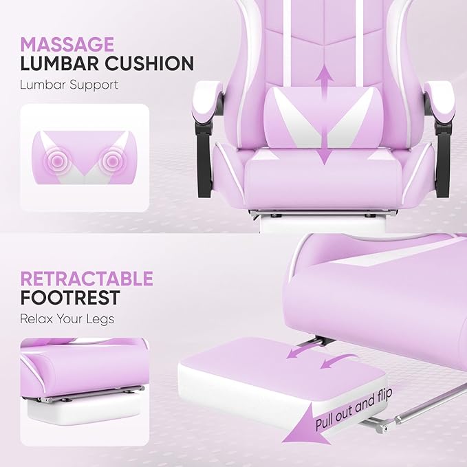 Huracan Gaming Computer Chair with Footrest Adjustable Video Game Chairs for Adults Heavy Duty Office Chair with Headrest and Lumbar Support Light Purple