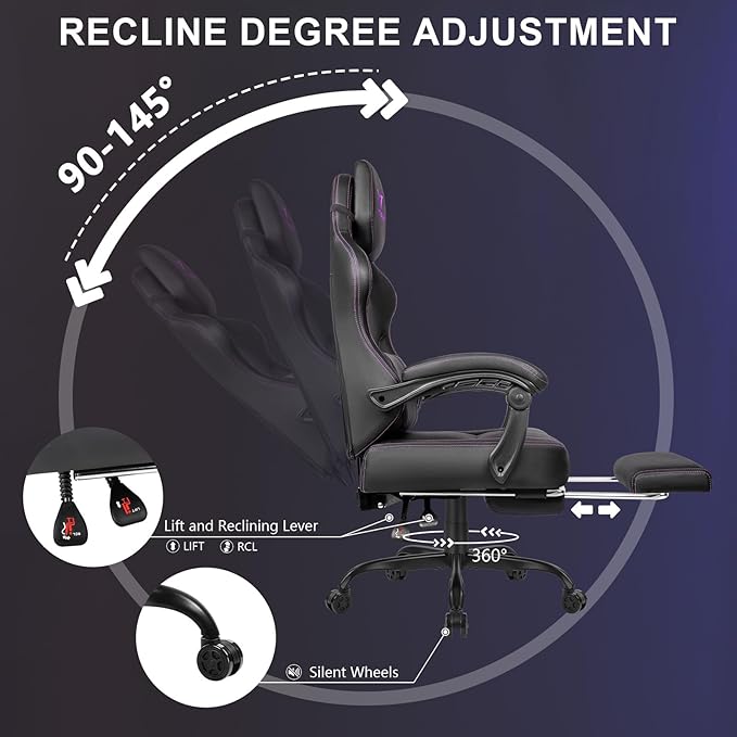 Waleaf Big and Tall Gaming Chair for Adults with Footrest 400lbs Weight Capacity Video Game Chairs for Office Ergonomic Computer Gaming Chair with Lumbar Support and Headrest (Purple)